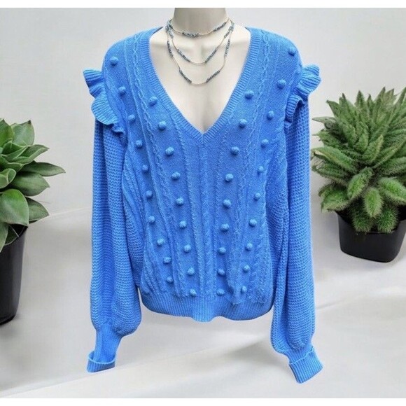 Lilly Pulitzer Greta Size L V-Neck Cable Knit Sweater Blue Boho Feminine Ruffle - Picture 2 of 16